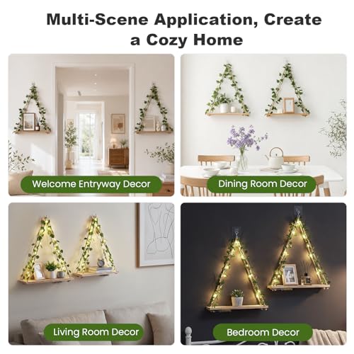 RICHER HOUSE Hanging Floating Shelves No Drill, Macrame Plant Wall Shelf | 2 Set Boho Trinket Shelf with Artificial Ivy and LED Lights, Wall Art Aesthetic Decor, for Bedroom, Dorm, Two-Way Install