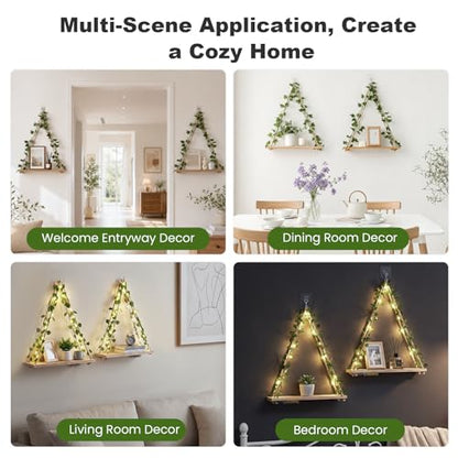 RICHER HOUSE Hanging Floating Shelves No Drill, Macrame Plant Wall Shelf | 2 Set Boho Trinket Shelf with Artificial Ivy and LED Lights, Wall Art Aesthetic Decor, for Bedroom, Dorm, Two-Way Install