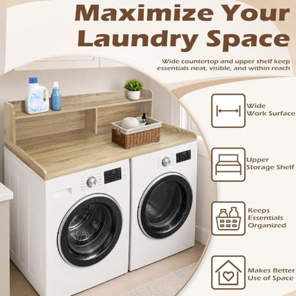 Royxen Laundry Countertop with 2-Tier Shelf Universal Fit, Washer and Dryer Countertop with Storage Space, Shelf Height 11.5 Inches, Solid Wood Core, White Oak