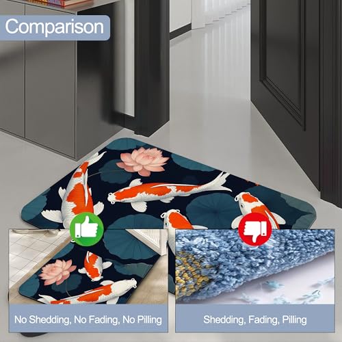 Japanese Fish Bath Mat,Fast Drying Lotus Flowers Leaves Bathmats for Bathroom, Non Slip Soft Diatomaceous Bath Rug Bathroom Accessories Thin Doormat for Home Kitchen 17 X 29.5 Inch