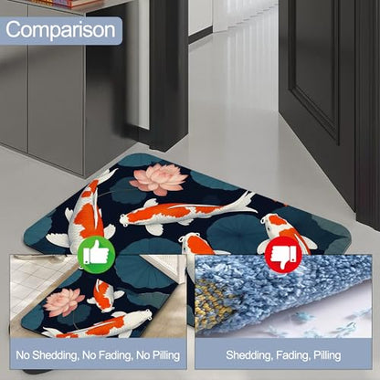 Japanese Fish Bath Mat,Fast Drying Lotus Flowers Leaves Bathmats for Bathroom, Non Slip Soft Diatomaceous Bath Rug Bathroom Accessories Thin Doormat for Home Kitchen 17 X 29.5 Inch