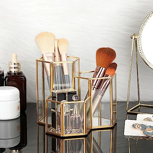 Hipiwe Glass Makeup Brush Holder 3 Slot Gold Desktop Pen Pencil Pot Cup | Mirrored Cosmetics Brush Organizer, Office Desk Storage Holder Vintage Decorative Makeup Storage Box, Large