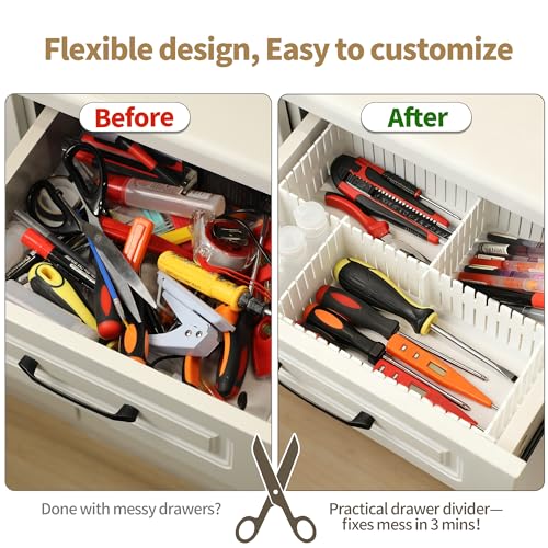 Adjustable Drawer Dividers, Cut-to-Fit DIY Organizers, White,16 Pack | For Tidying Cutlery, Makeup, Clothes and Dresses in Drawers, Desks and Storage Boxes for Kitchen, Bathroom, Bedroom & Office