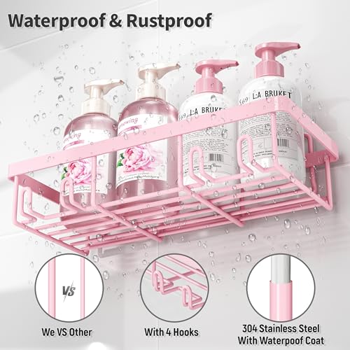5 Pack Shower Caddy for Inside Shower, Pink Bathroom Decor Set | Large Rustproof Stainless Steel Organizer with Strong Adhesive, No Drilling Wall Shelves, Cute Girly Bathroom Accessories