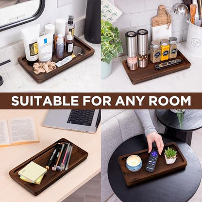 Bathroom Vanity Tray, Dark Brown Acacia Wood Tray, 11.8 x 5.9 in | Wooden Countertop Organizer for Cosmetics Jewelry Candle & Keys, Decorative Tray for Toilet Tank, Kitchen & Sink Decor