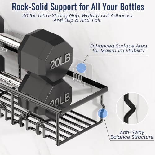 8 Pack Adhesive Rustproof Shower Caddy with Soap Dishes, Toothbrush Holder & Hooks, Large Capacity No-Drilling Shower Shelves Rack for Bathroom Organizers and Storage Accessories, Black