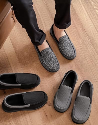 HomeTop Men's Knit Moccasin Slippers Memory Foam House Shoes Indoor Outdoor | Breathable,Indoor,Outdoor,Fleece Lining,Machine-washable,Non-slip