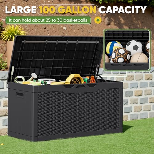 Greesum Outdoor Storage Box 100 Gallon Storage Bin with Lid for Patio Furniture, Garden Tools, Pool Supplies, Lockable, Waterproof and UV Resistant, Black | for Patio Furniture, Garden Tools, Pool Supplies, Lockable, Waterproof and UV Resistant