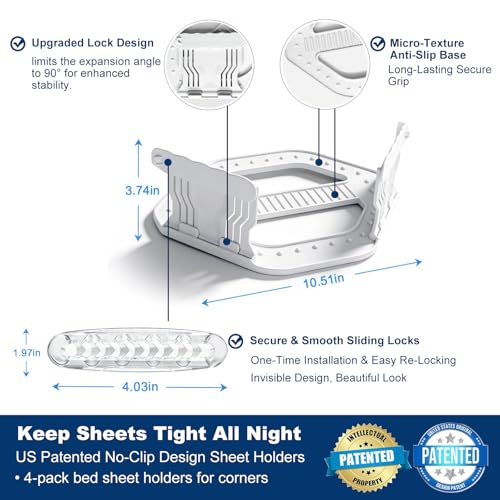 4 Pack No Clip Bed Sheet Holders, No Lift Mattress, Universal Fit White | One-Time Install, Keep Sheets Firm & Tight, Fit Twin Queen King White