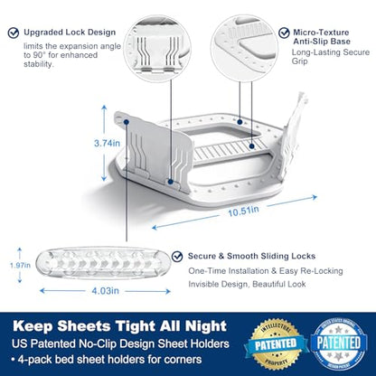 4 Pack No Clip Bed Sheet Holders, No Lift Mattress, Universal Fit White | One-Time Install, Keep Sheets Firm & Tight, Fit Twin Queen King White