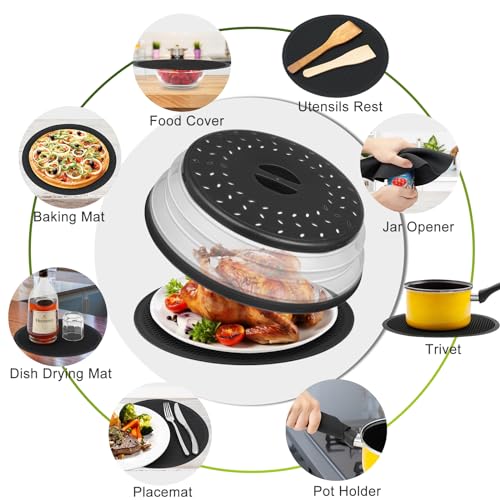 12" Microwave food Cover & Mat,Large Vented Collapsible Splatter Guard dish Plate lid & Silicone Round Kitchen mat