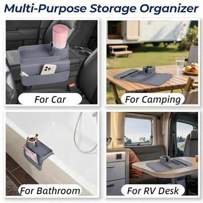 Silicone Couch Caddy Cup Holder Tray, 3-Side Sofa Armrest Organizer with Secure Gear-Shaped Locking Holder & Large Tablet Slot, Non-Slip Weighted Armchair Caddy, Couch Accessories (Grey)