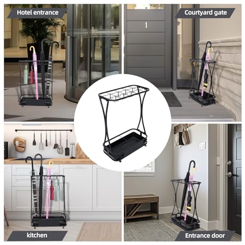 15 Slot Umbrella Stand with 8 Hooks – Heavy Duty Metal Indoor Umbrella Rack Holder with Removable Drip Tray – Large Commercial Entryway Organizer for Office, Lobby or Home