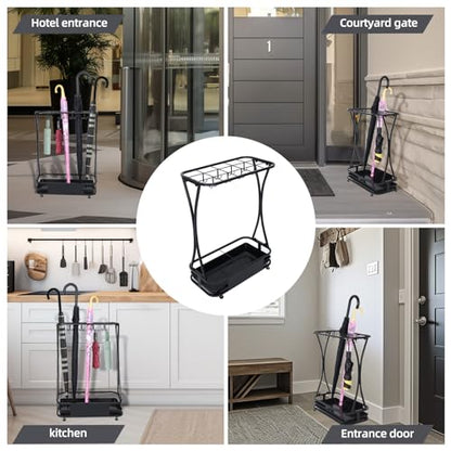 15 Slot Umbrella Stand with 8 Hooks – Heavy Duty Metal Indoor Umbrella Rack Holder with Removable Drip Tray – Large Commercial Entryway Organizer for Office, Lobby or Home