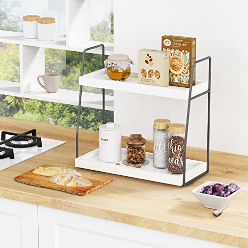Forbena 2 Tier Bathroom Counter Organizer, White and Grey Coffee Bar Organizer for Countertop, Wood Shelf Tray for Vanity Makeup Storage, Small Kitchen Sink Top Organizers for Coffee Bar Station