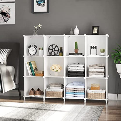 AWTATOS 12 Cube Storage Organizer, Closet Organizer Storage Shelves, White | Portable Closet Organizers, DIY Stackable Storage Cubes Shelves Bookshelf, Plastic Clothes Shelving for Home, Bedroom