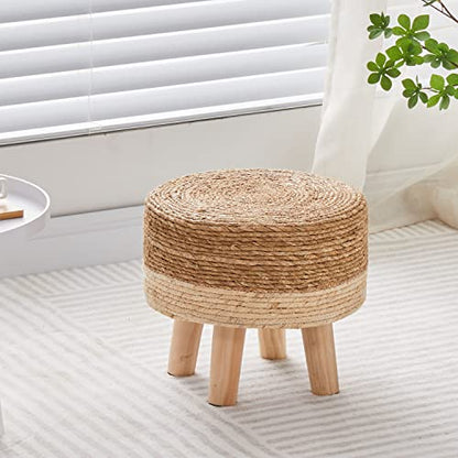 Foot Stool Natural Seagrass Hand Weave Poufs Round Ottoman for Couch Desk Soft Step Stool Padded Foot Rest with Non-Skid Pine Legs for Hallway Office Lounge Natural/White