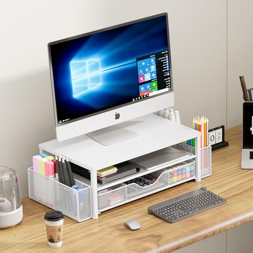 Desk Organizer and Accessories, 2-Tier Computer Monitor Stand Riser with Drawer and 2 Pen Holders, Laptop Stand, Office Desk Accessories for Office Supplies, 1 Pack, White