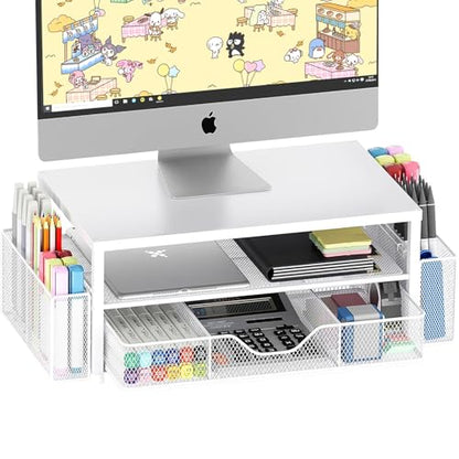 Desk Organizer and Accessories, 2-Tier Computer Monitor Stand Riser with Drawer and 2 Pen Holders, Laptop Stand, Office Desk Accessories for Office Supplies, 1 Pack, White
