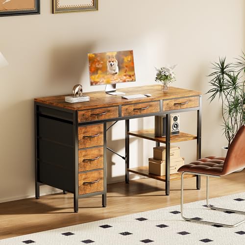 Sweetcrispy 47" Computer Desk with 6 Fabric Drawers & Storage Shelves | Reversible Gaming Desk, Office Desk, Computer Workstation, Corner Desk with Storag, Home Office, Living Room, Rustic Brown