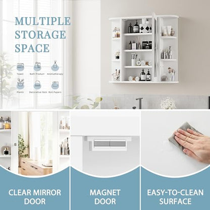 Shintenchi Bathroom Medicine Cabinet with Mirror, Wall Mounted, White | Mirrored Door Over the Toilet Storage, with 4 Internal and 6 Open Shelves, Storage Organizer Cupboard, Easy to Assemble