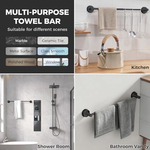 Adjustable Suction Cup Towel Bar for Bathroom Wall,14.6Inch~24 Inch Towel Racks for Bathroom,Stainless Steel Bath Towel Holder for Shower(Matte Black)