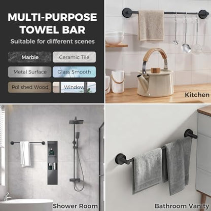 Adjustable Suction Cup Towel Bar for Bathroom Wall,14.6Inch~24 Inch Towel Racks for Bathroom,Stainless Steel Bath Towel Holder for Shower(Matte Black)