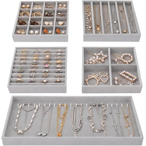 Fixwal Jewelry Organizer Trays 5 Pack 14in Stackable Drawer Box Dividers | Stackable 14in Trays, Removable Dividers, Multi-Layer Design, for Earrings Necklaces Bracelets and Watches