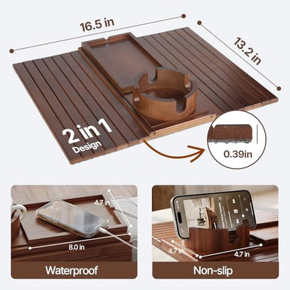 Bamboo Sofa Armrest Tray, Foldable Couch Arm Tray Side Table, 2 in 1 Anti-Falling Armrest Tables Cup Holder for Snacks, Drinks, Beers, Phone, Control, Flexible and Portable, Anti-Slip, (Brown)