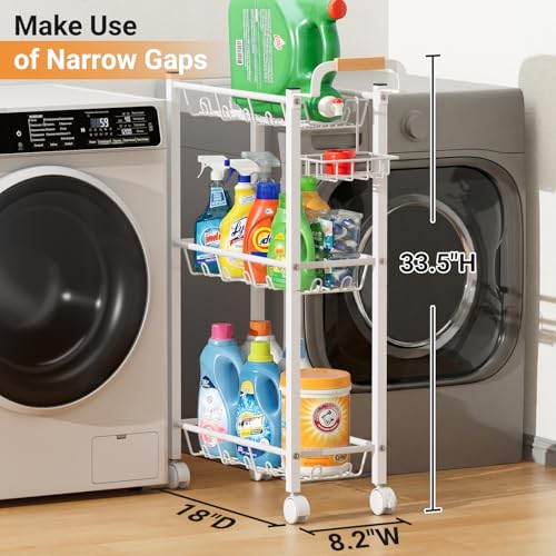 Laundry Room Cart with Top Detergent Holder, Metal Rolling Storage Cart Between Washer and Dryer, 3 Tier Narrow Laundry Room Organization and Storage with Wheels (White)