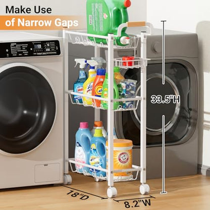 Laundry Room Cart with Top Detergent Holder, Metal Rolling Storage Cart Between Washer and Dryer, 3 Tier Narrow Laundry Room Organization and Storage with Wheels (White)