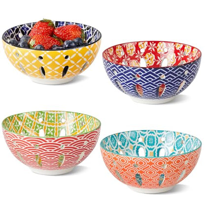 Ceramic Berry Basket, 6" Colorful Fruit Bowl, Round Berry Colander, Cute Small Container for Strawberry, Fruit Basket for Kitchen Counter, Set of 4