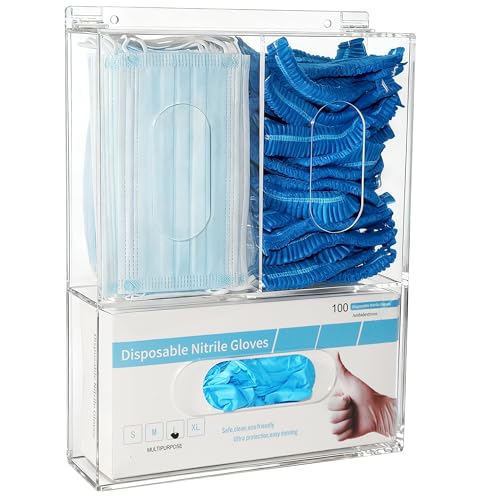 Triple Hygiene Dispenser Sanitation Station with Lid - Tabletop or Wall Mounted Masks and Glove Box Holder Dispenser for Hairnet Shoe Cover - 3 Compartments Acrylic Medical Organizer, Clear