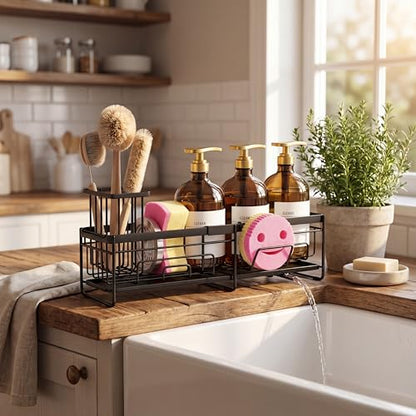 spospo Extendable Sponge Holder for Kitchen Sink Extra Large Sink Caddy | Adjustable Length Sink Caddy Organizer with High Brush Holder, Self-Draining Countertop Organizer
