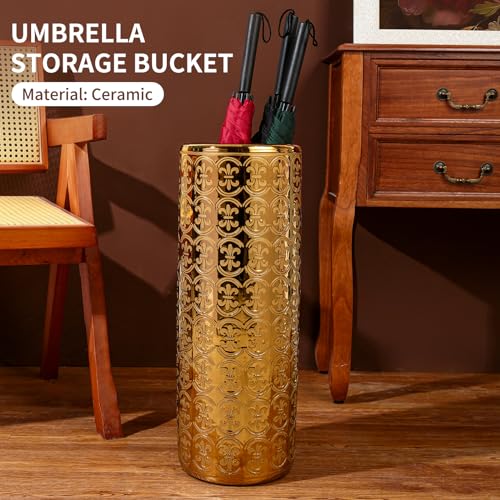 ZOEJADE 24" H Golden Ceramic Umbrella Holder Entryway Decor Umbrella Stand | Shining Luxury Style Indoor Decor Porcelain Large Floor Vase for Storing Umbrellas Walking Sticks Canes Golf Clubs