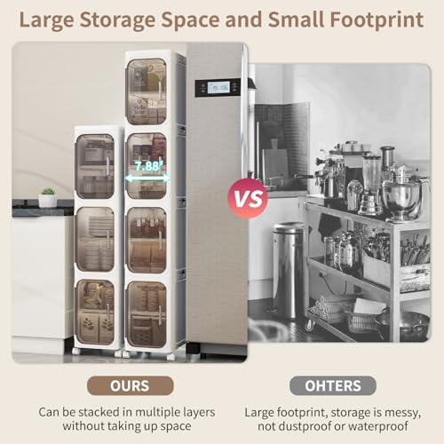 4 Tier Slim Bathroom Storage Cabinet, Foldable and Movable, White | Tools Free, ABS and PET, Magnetic Clear Door, Adjustable Shelves, Lockable Wheels, Water Resistant, For Narrow Space