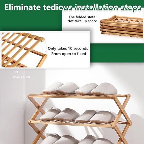 4 Tier Bamboo Shoe Rack,Portable Folding Shoe Storage Rack,Without Installation Small Shoe Rack Perfect for Corridors, Bedrooms and Small Spaces (4 Tier)