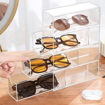 Kenpal Sunglasses Organizer for Multiple Pairs, Acrylic Stackable Glasses Holder with 4 Drawers, Transparent Eyeglass Case