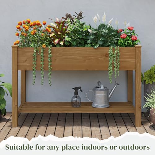 Wooden Planter Elevated Wooden Raised Garden Bed with Legs Planter Box | 48 x 24 x 30In Elevated Wood Planter Stand for Backyard, Patio, Balcony with Bed Liner, 200 Pound Capacity - Brown