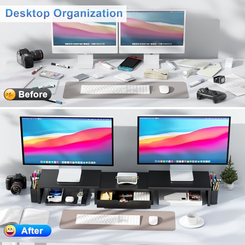gianotter Dual Monitor Stand Riser With Drawer and 2 Pen Holders | Desk Organizer and Accessories Computer Monitor Stand, Desk Shelf for Top of Desk (Black)