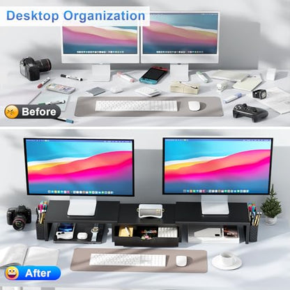 gianotter Dual Monitor Stand Riser With Drawer and 2 Pen Holders | Desk Organizer and Accessories Computer Monitor Stand, Desk Shelf for Top of Desk (Black)