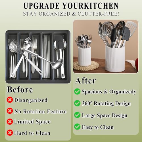 HOMQUEN 360° Rotating Utensil Holder, 6.3''+4.7'' Plastic Kitchen Utensil Holder for Countertop, Large Cooking Utensil Crocks for Kitchen Decor, Utensil Organizer for Spatula, Set of 2 (White)