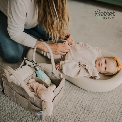 Parker Baby Co. Felt Diaper Caddy Organizer - Regular, Oatmeal | Portable nursery storage bin for diapers, wipes, bottles & baby essentials for home/car. Soft felt, foldable design 13x9x7"