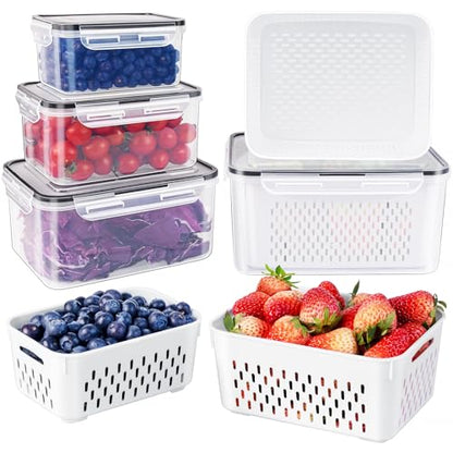 Fruit Storage Containers for Fridge with Removable Colander, Airtight Food Storage Container, Dishwasher Safe Produce Saver for Refrigerator, Keep Berry Fruit Fresh Longer 4 pcs Small Clear
