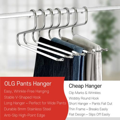 OLG 8mm Stainless Pants Hanger with V Hook and Reverse S, Non-Slip for Men Women -Heavy-Duty Trouser and Jeans Closet Organizer, Ganchos para Pantalones (10, Gray)