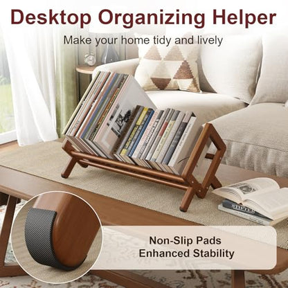 Premium Desktop Bookshelf, Bamboo Desk Bookshelf, Retro Brown Book Rack Shelf Organizer, Stable Bookshelves Storage, Tabletop Large Magazine Holder Racks for Magazines, Books, Files