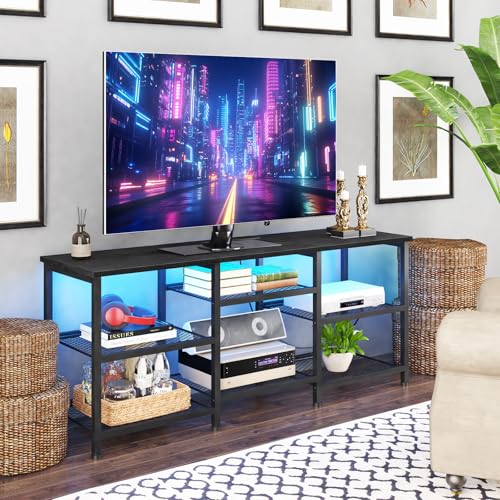 YGEOMER Entertainment Center for TVs Up to 50 Inch, Entertainment Stand with Power Outlet and LED Lights Open Storage Shelves, TV Console Table for Living Room and Bedroom, Black