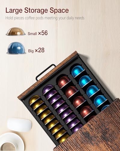 Evermagin Coffee Pod Holder Compatible with Nespresso,Fit 28 Large/56 Small | Coffee Pod Organizer Drawer Station with Cup Rack, Vertuo Pod Holder for Home and Office,Rustic Brown