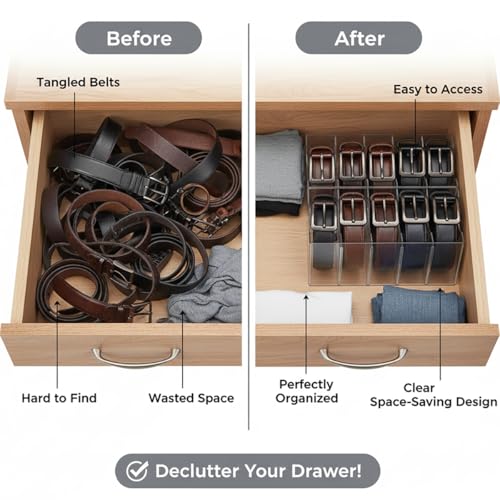 Belt Organizer,Acrylic Belt Organizer for Closet with Removable Dividers 5 Compartments & Handles Drawer organization and storage for Purse,underwear, Socks,and Ties (2pack)