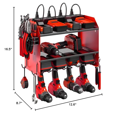 CCCEI Wall Mount Modular Tool Charging Organizer, Red, 1 Pack, 3 Tier. | Drill Battery Storage Rack with Hooks, Garage Workshop, Gifts for Men, Dad, Husband Anniversary, Birthday, Christmas
